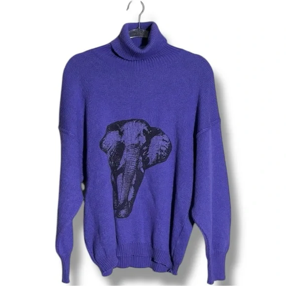 BF Purple Graphic Elephant Wool Long Sleeve Cozy Vintage Turtleneck Sweater - Picture 14 of 16